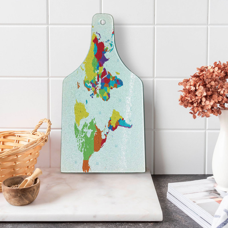 Ambesonne World Map Tempered Glass Cutting Board Countries and Oceans Multicolor
