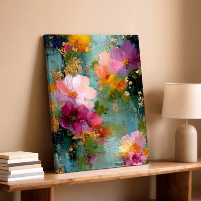 Abstrait floral, peinture à l'huile, fleurs roses, bleu sarcelle, impression sur toile texturée or