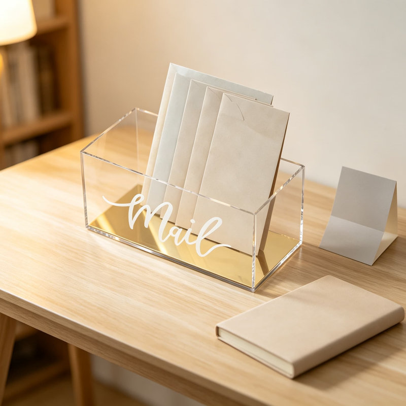 Boîte de rangement de table en acrylique transparent avec motif de lettres et base miroir doré