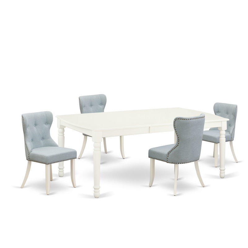 L'ensemble de table de cuisine 5 pièces comprend une table de salle à manger rectangulaire avec des feuilles de papillon et 4 chaises Parsons en tissu bleu bébé, lin blanc