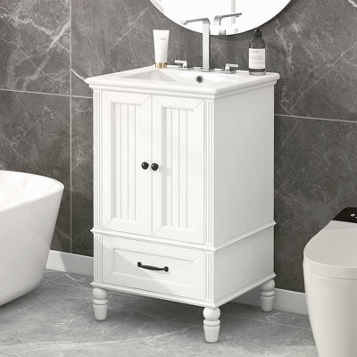 Meuble-lavabo de 20 po avec lavabo, armoire de salle de bain avec deux portes, butoir de porte magnétique et patins réglables, tiroir