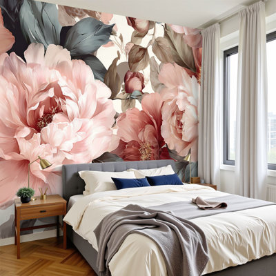 Peel and Stick Wallpaper 144" W x 100" H Modern Self Adhesive Wall Mural for Bedroom Garden Vintage Flowers Peonies Watercolor Hand Drawn Romantic