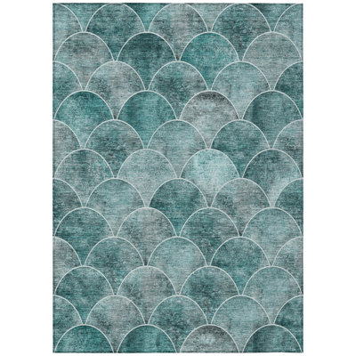 10' X 14' Teal Blue Aqua And Gray Abstract Washable Indoor Outdoor Area Rug