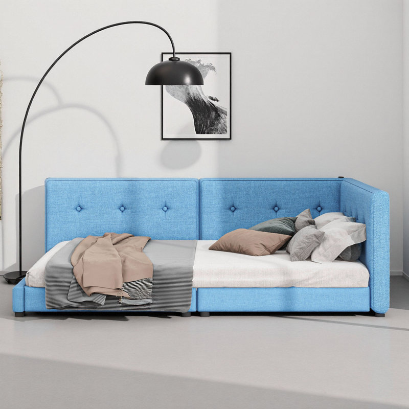 Grand lit plateforme tapissier bleu avec ports USB - élégance moderne, Grand lit, Bleu