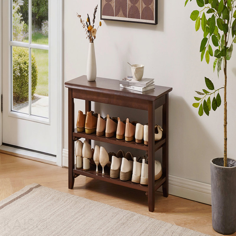 2-Tier Solid Wood Shoe Bench, Entryway Storage