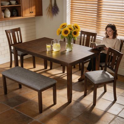 Ensemble de salle à manger 6 pièces en noyer, table rectangulaire en bois massif, chaises et banc rembourrés, coin repas 6 places peu encombrant pour le bar de la cuisine