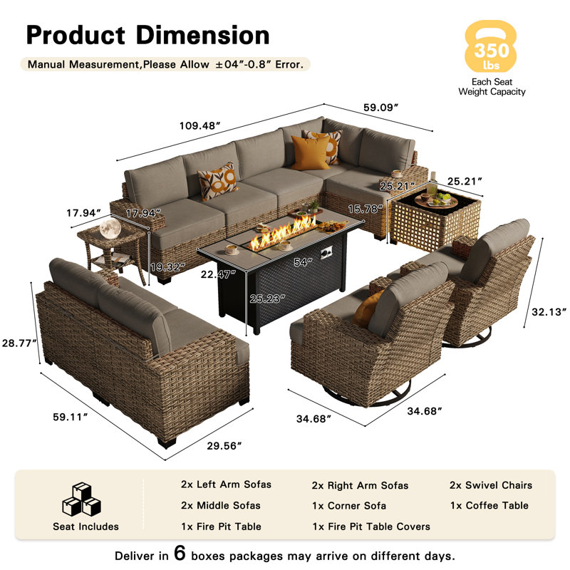 Outdoor Wicker 9 Person Modular Sectional Patio Seating Group With Swivel Rocking Chairs And Fire Pit Table, Dark Gray
