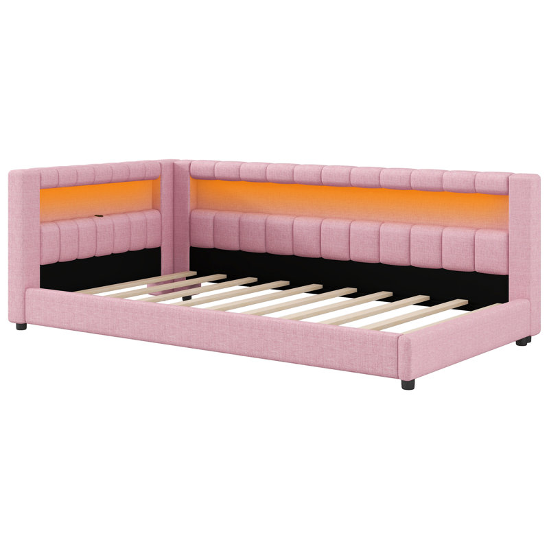 Twin XL Upholstered Platform Bed with USB Ports & LED Light Strip, Modern Bedroom, Pink, Twin XL, Pink