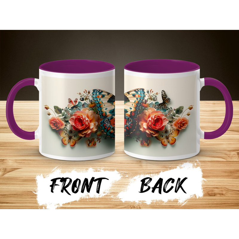 Set of 3 Butterfly Design 11oz Accent Mugs – White Ceramic Coffee Cup with a Purple Handle and Interior