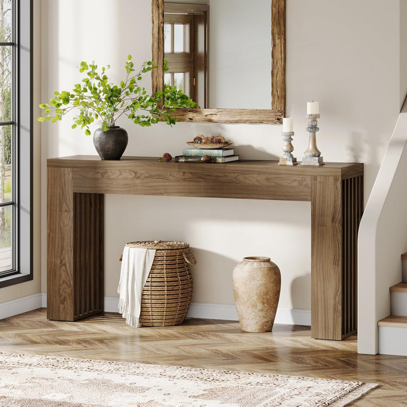 Console Farmhouse avec pieds à lattes verticales, Brun rustique