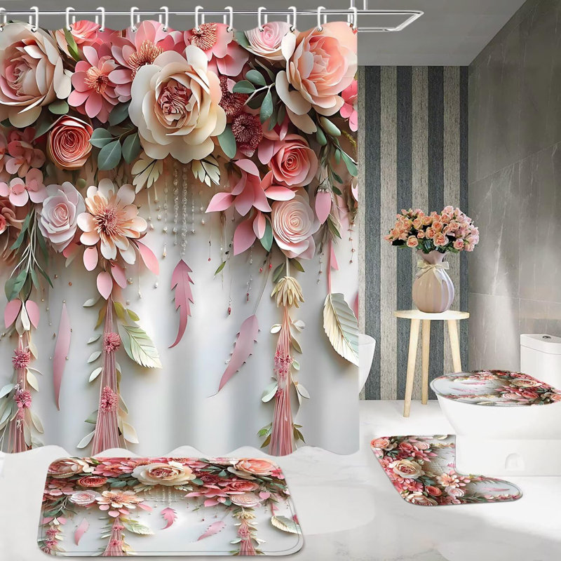 Ensemble de rideau de douche 4Pcs Roses, Rose