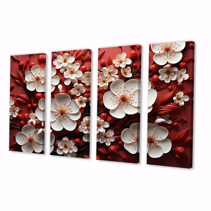 Orchidées blanches et rouges II - ensemble d'art mural abstrait floral 4 pièces, H 32 po x l 64 po