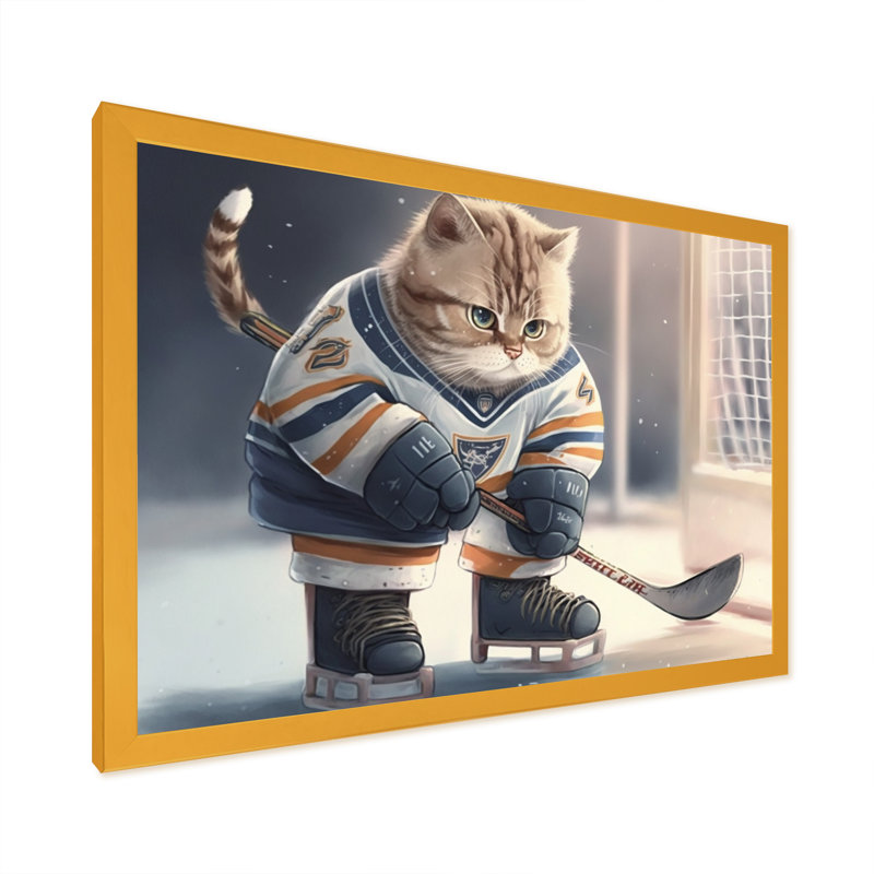 Dessin animé «Hocket Cat on Ice Rink I», impression sur toile, Impression dorée sur toile encadrée