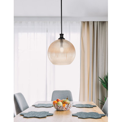 Stem Hung Pendant Shown In Matte Black Finish With 13.75" Amber Micro Bubble Ribbed Glass