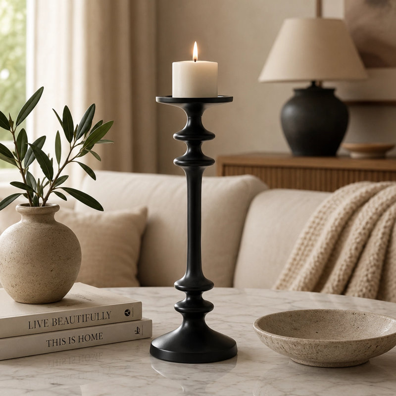 Grand centre de table moderne en aluminium noir avec porte-bougie 4,5 x 4,5 x 14 po