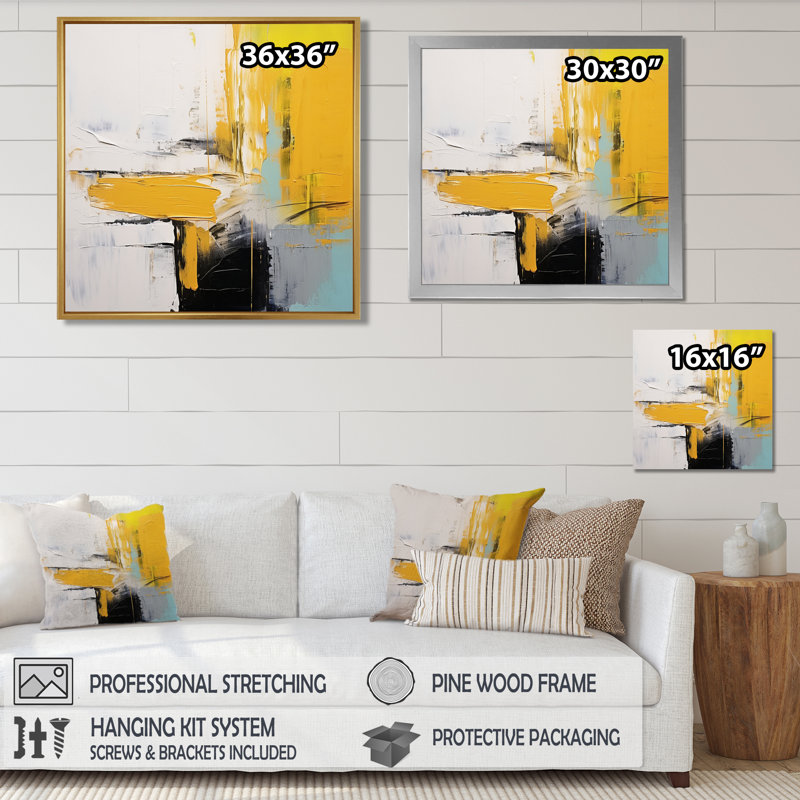 Voile de moutarde jaune - art mural abstrait, H 16 po x l 16 po x P 1 po, Cadre flottant brun