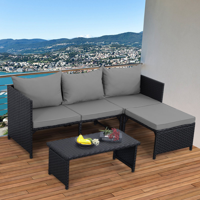 Othoson 4 - Person Outdoor Wicker Patio Conversation Furniture Set with Table and Cushion, Gray