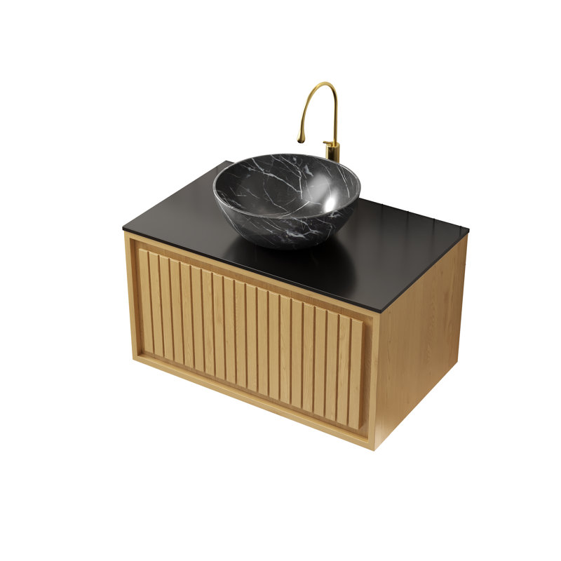 Meuble-lavabo de salle de bain 30 po avec lavabo Kola, armoire de rangement murale en contreplaqué avec tiroir, comptoir en pierre frittée noire et cuve en céramique noire pré-assemblée