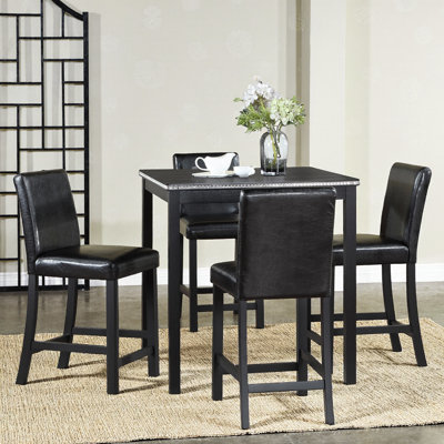 34" Square Black Table with Crushed-Diamond Edge, 36" Bar Height, 4 Velvet-Upholstered Chairs, Crystal Glam Meets Farmhouse Chic, Vietnam-Crafted
