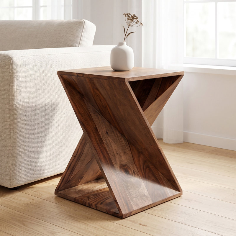 Sheesham Wood Cutout Angular Twisted Geometric Brown Side End Accent Table With Natural Wood Grains