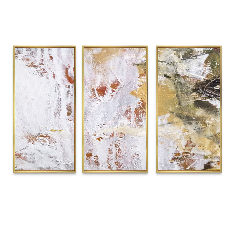 "Abstract Textile Brushstrokes", ensemble d'art mural sur toile contemporain encadré de 3, H 28 po x l 36 po x P 1 po, Or