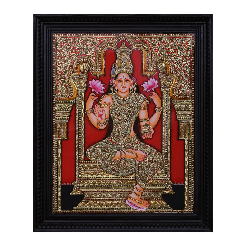 Blessing Goddess Lakshmi Tanjore, peinture de couleurs traditionnelles avec or 24 carats L avec cadre
