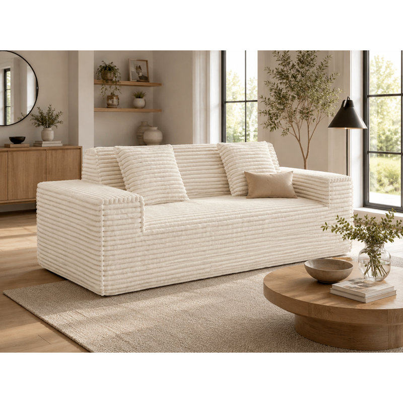 Canapé en velours côtelé de 75 po de largeur avec sièges profonds, Beige Foam Padding, Beige