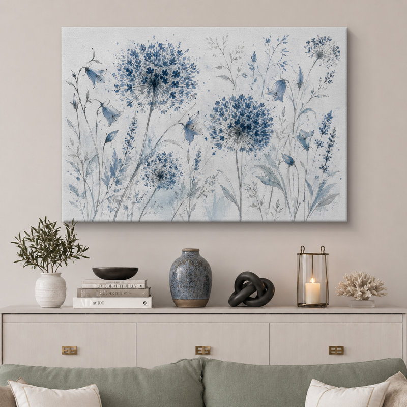 Œuvres botaniques bleues sur fond blanc, H 24 po x l 36 po x P 1,5 po, Toile tendue