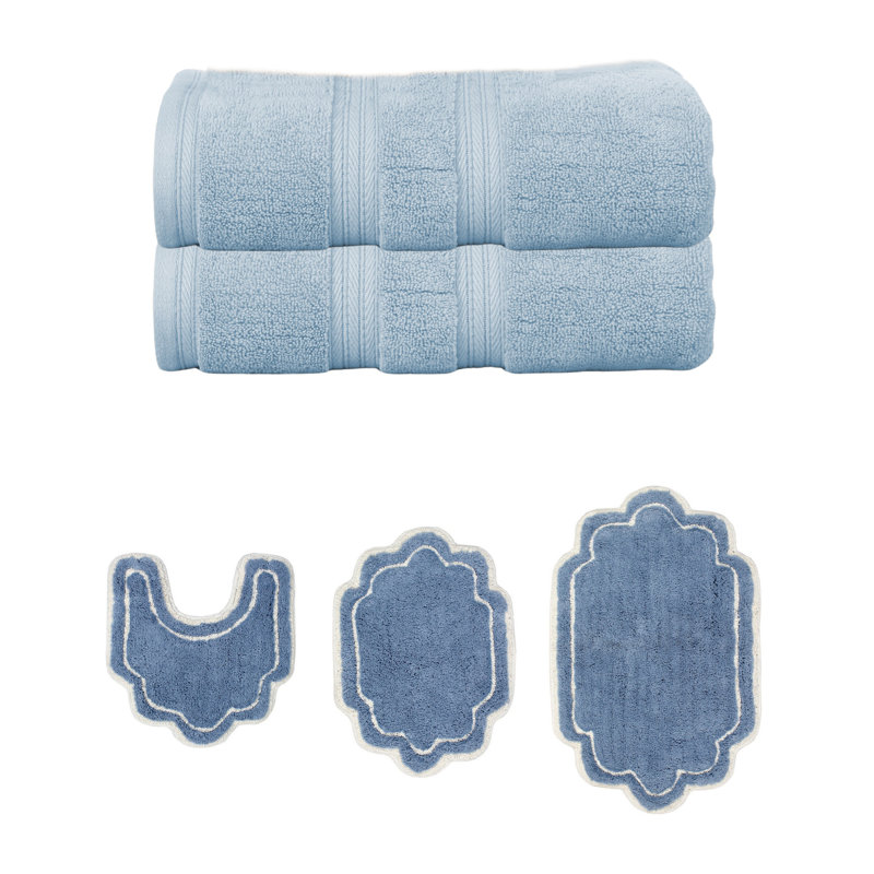 Talbert Collection 100% Soft Cotton 2 PC Bath Towel Set & Bath Rug Set, Blue, 2 Piece Bath Towel Set & 3 Piece Bath Rug Set