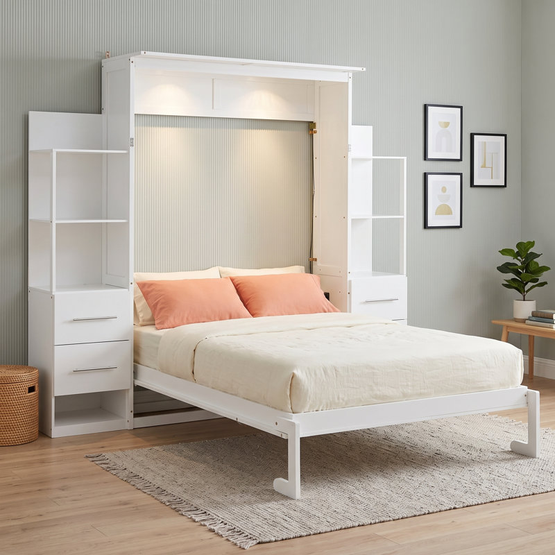 Lit escamotable avec tiroirs, tablettes et lumières DEL Murphy, Double, Blanc