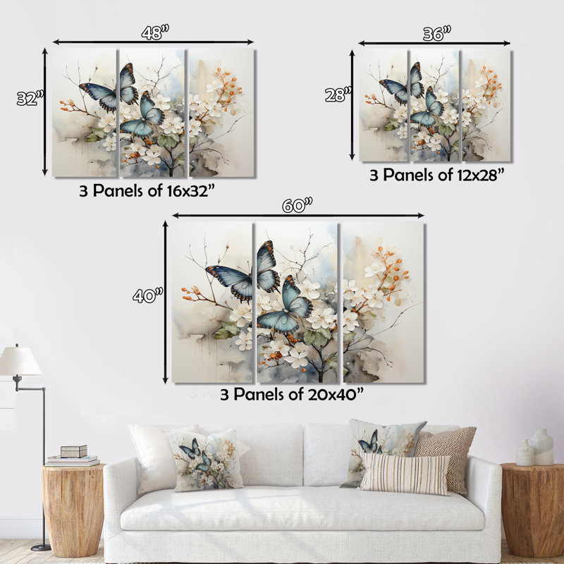 Blue White Butterfly Glimpse Of Serendipity - Animals Wall Art Print Set, H 40 po x l 60 po, Wrapped Canvas