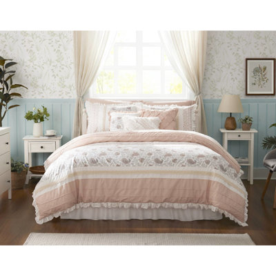 Édredon 9 pièces en coton rosé - très grand avec coussins pour la chambre à coucher et détails froncés Chic