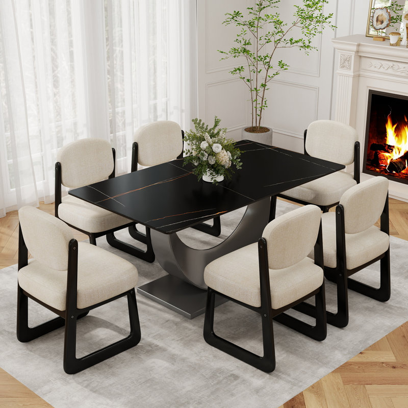 Ensemble de salle à manger 9 pièces en bois fritté moderne avec 6 chaises en bois massif à structure en U, Black, Black