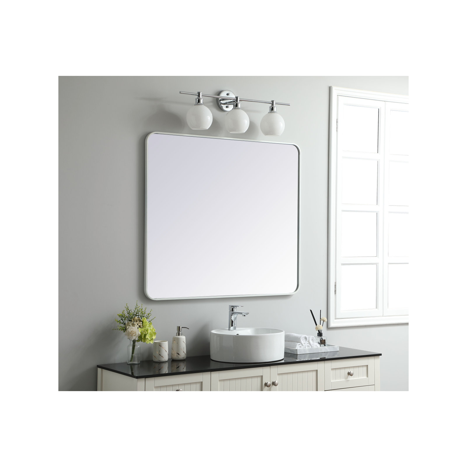 Sabine Metal Rounded Rectangle Wall Mirror, 40" x 36", White