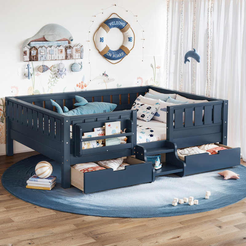 Full Kids Floor Bed With Stairs, Rails And Slats,Full Size Montessori Floor Bed With Bookshelf And 2 Storage Drawers,Easy Assemble Montessori Beds Frame,Blue