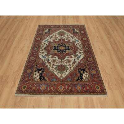 5'1"x7'2" Chiffon White, Antiqued Fine Heriz Re-Creation, Hand Knotted, Soft Wool, Lush and Plush, Vegetable Dyes, Denser Weave, Oriental Rug