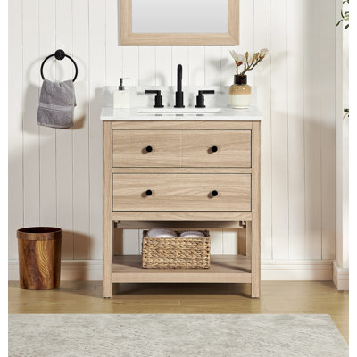 Encino 30" Single Bathroom Vanity Cabient with Carrara White Quartz Top, Sink & Backsplash, Light Oak, Pre-Assembleb