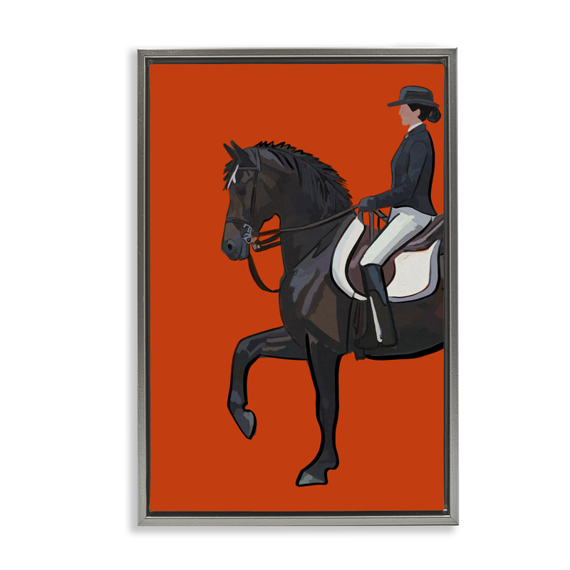 Jockey et cheval sur toile orange par Amelia Noyes, Cadre flottant gris lustré, H 25 po x l 17 po x P 1,7 po