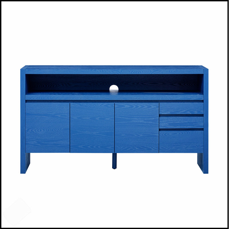 Modern Solid Ash Veneer MDF Sideboard With 3 Drawers And Semi-Open Shelf, For Living Room And Dining Area Storage, Navy Blue