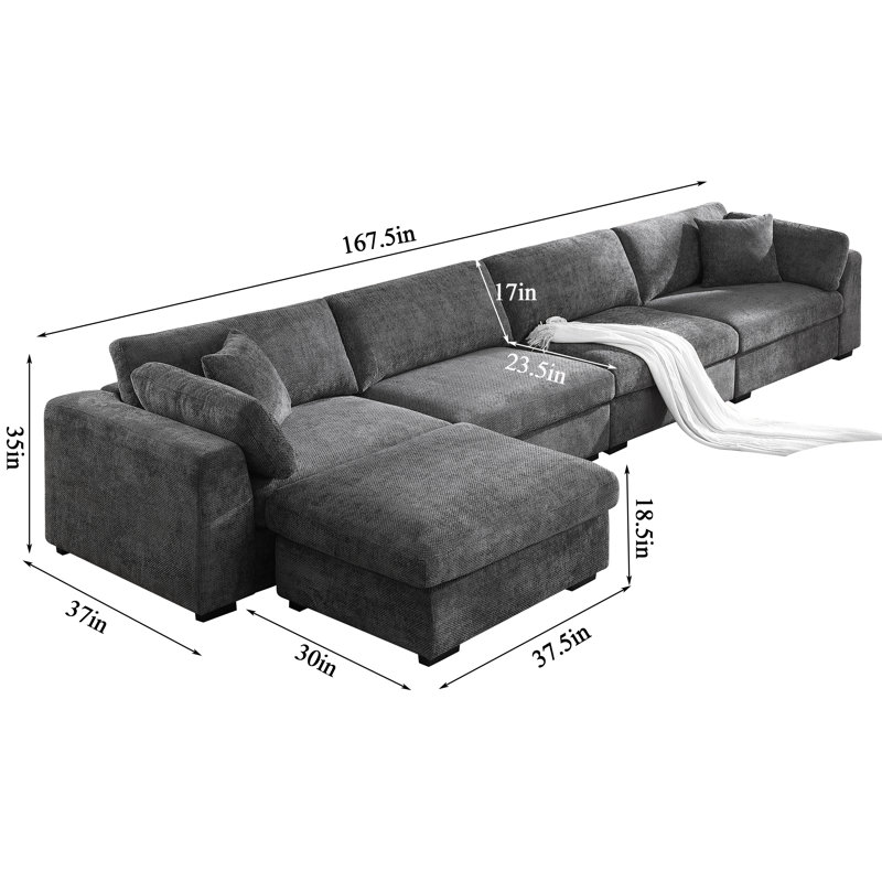 Oversized Modular Silod Wood Sectional With Ottoman, Dark Gray Polyester Blend