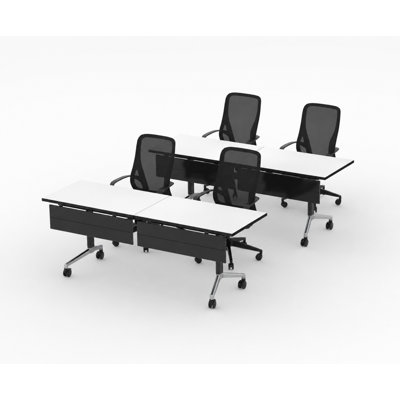 4 Person Fold-up Training Tables, Extra Long for Seminars and Conferences with White color Thick Tops, Fold-Up Legs & Integrated Power Boxes includes commercial Office Chairs.