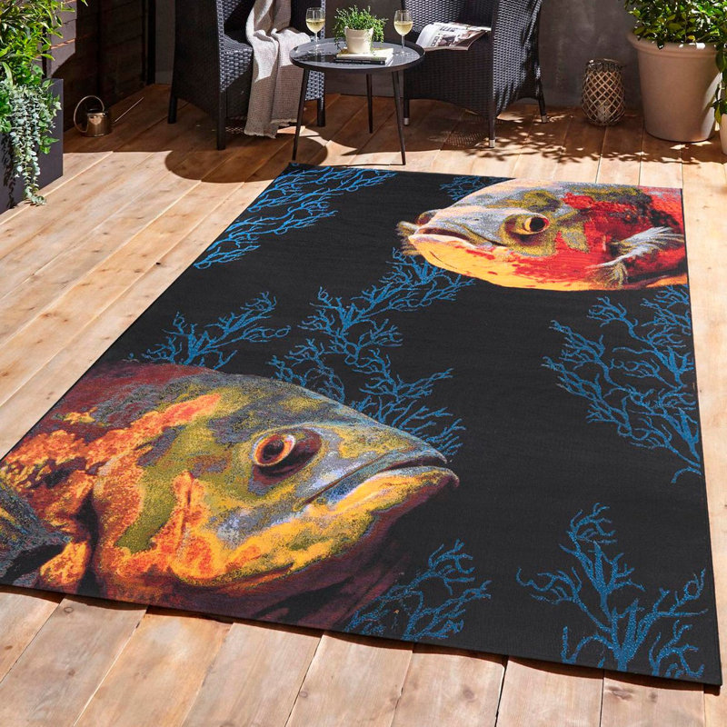 Colorful Abstract Fish Design Outdoor Area Rug 4' x 6'