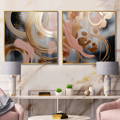 Abstract Pink And Gold Liquid Ink Circles I - Abstract Shapes Wall Art Prints Set Of 2