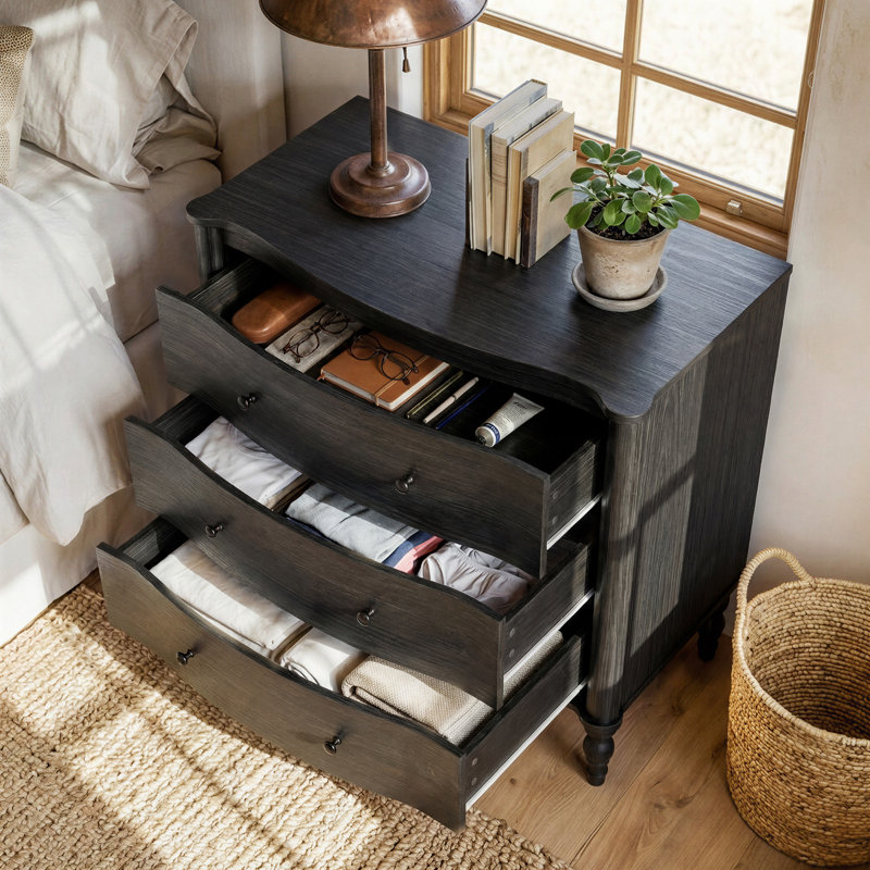 Aaron 32.8'' W Vintage Curved Front Nightstand with 3 Drawers, Solid Wood Legs and Metal Knobs Adorn (Set of 2), Grayish