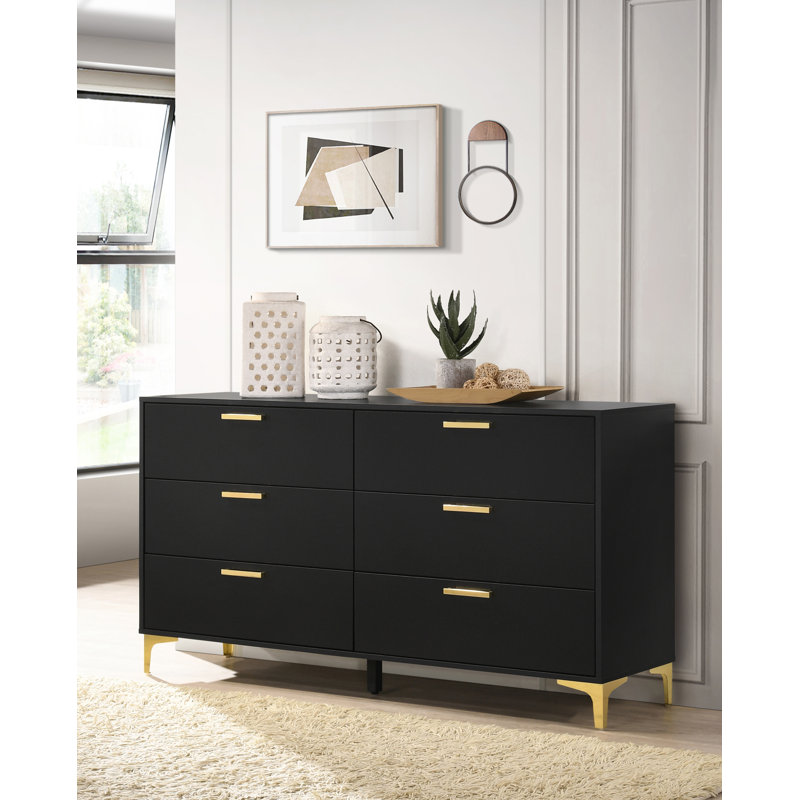Kaomi 6 - Drawer 58.1'' W Double Dresser, Black/Gold