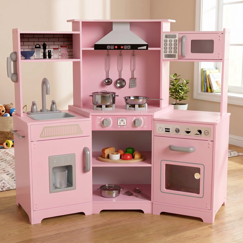 JOYLDIAS Corner Wooden Pretend Kids Play Kitchen, Toddler Kitchen Toys Playset, Pink