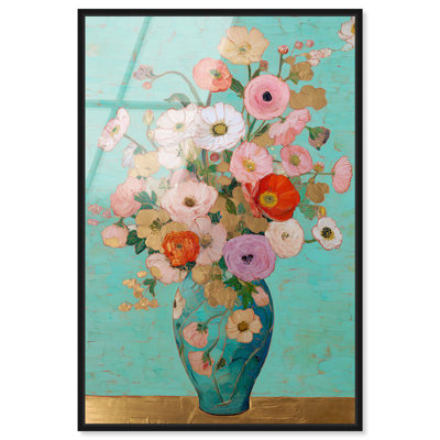 Décoration murale florale encadrée en acrylique "Vase turquoise" par Art Remedy, cadre noir, 30 x 45