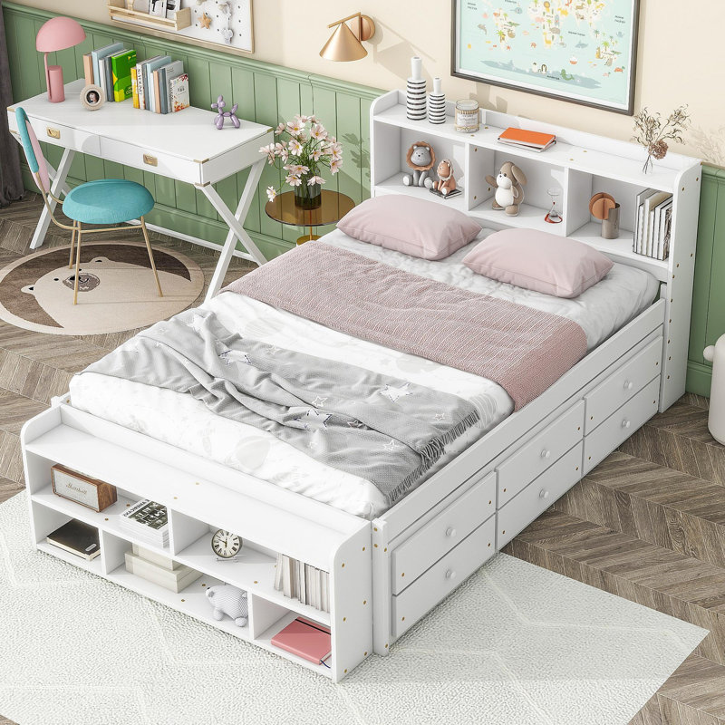 Lit double avec tête de lit bibliothèque, tiroirs de rangement sous le lit et étui de rangement pour bout de lit, blanc