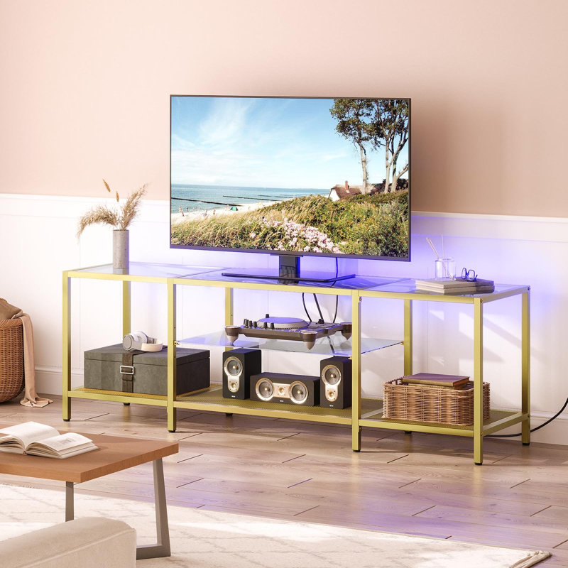 Console de télévision moderne en verre trempé de 63 pouces avec étagères ouvertes