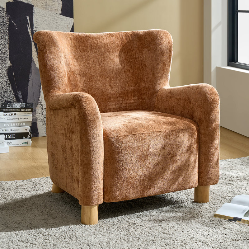 Walbert Modern Boucle Wingback Accent Chair With Pillow And Solid Wood Legs, Brown